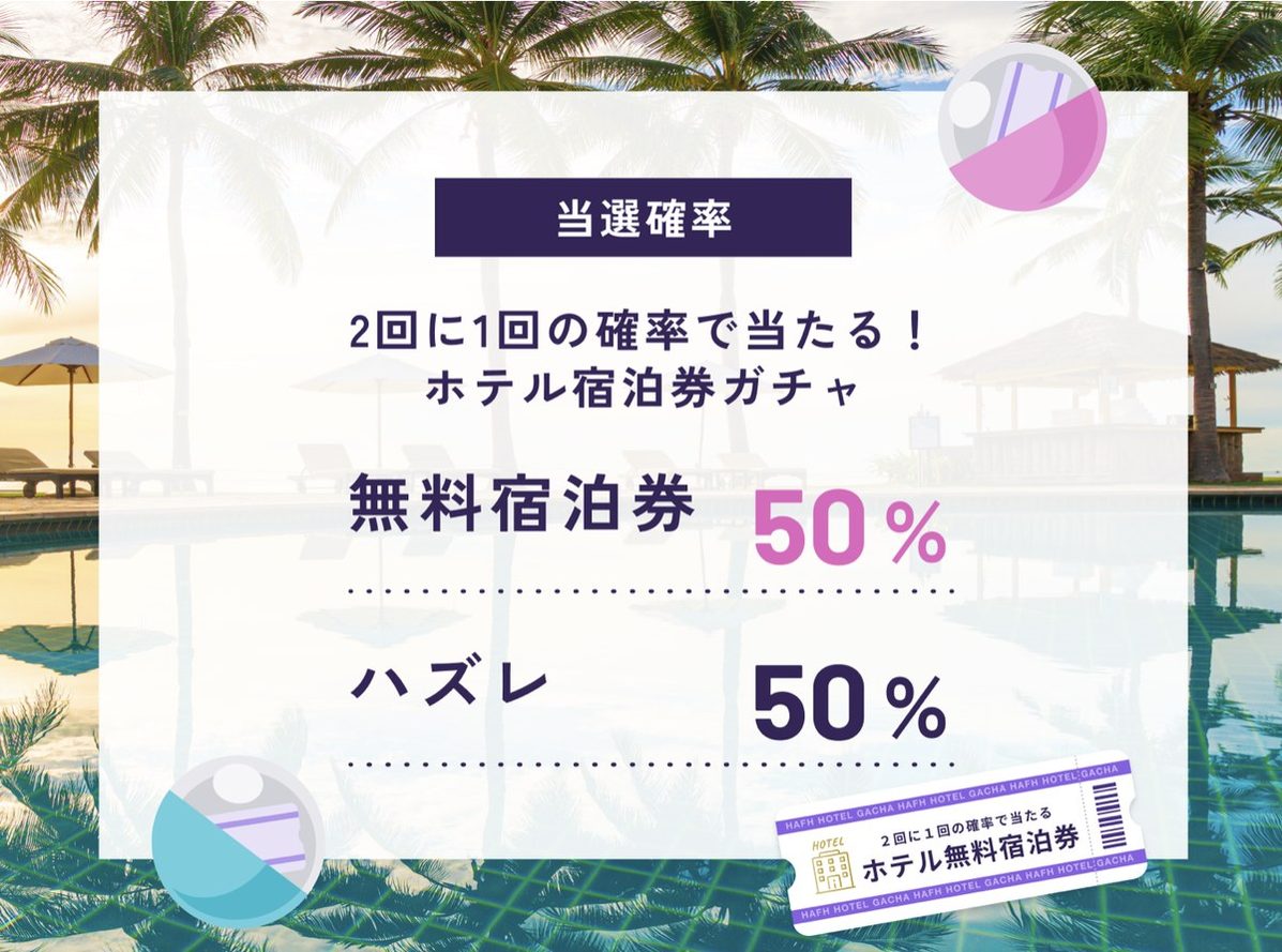 ホテル宿泊券ガチャの当選確率。無料宿泊券50％、ハズレ50％