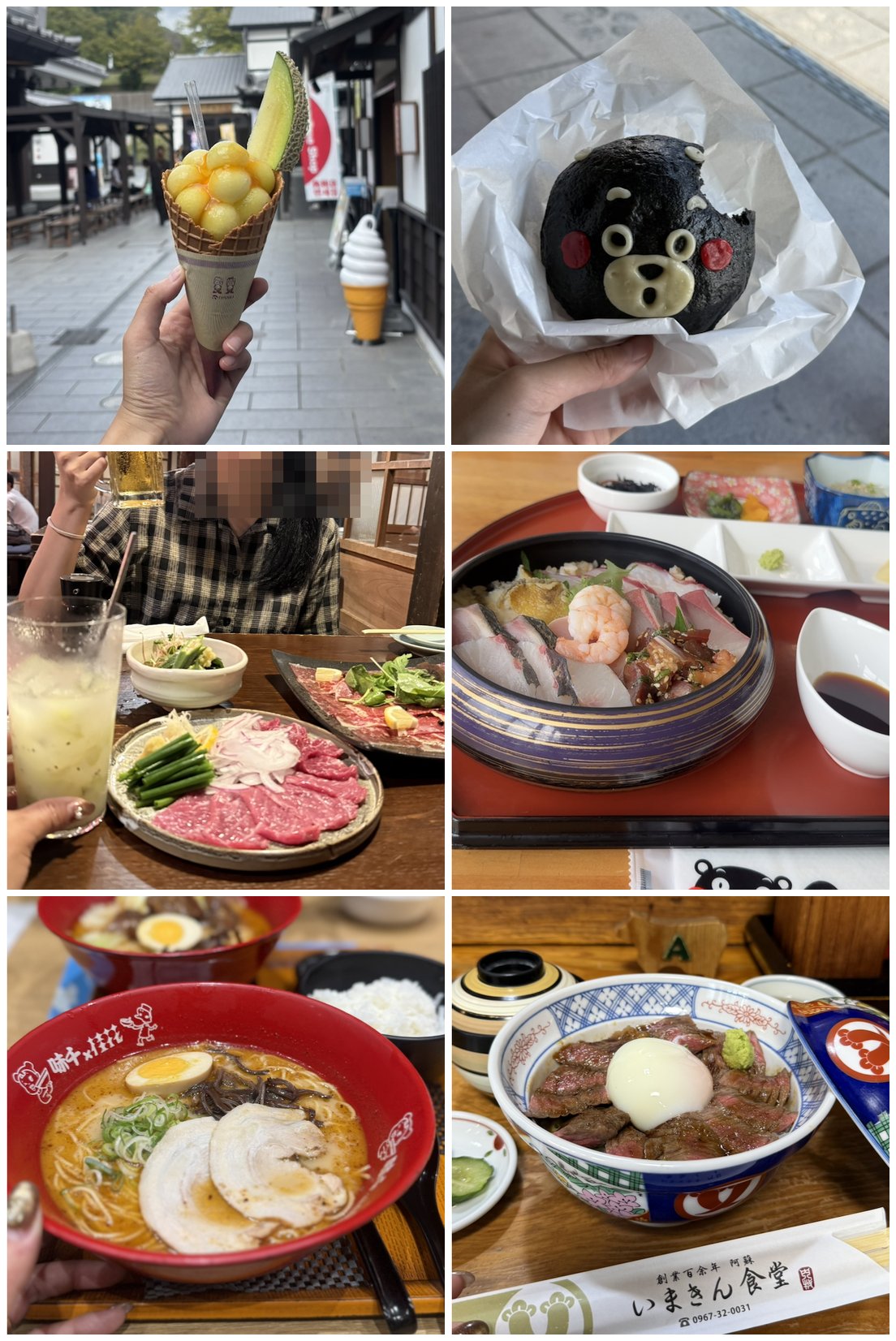 熊本で食べたご当地グルメ（メロンアイス・くまモンまん・馬刺し・海鮮丼・熊本ラーメン・あか牛丼）